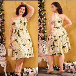 Plus One Shoulder Allover Plants Print A-Line Dress